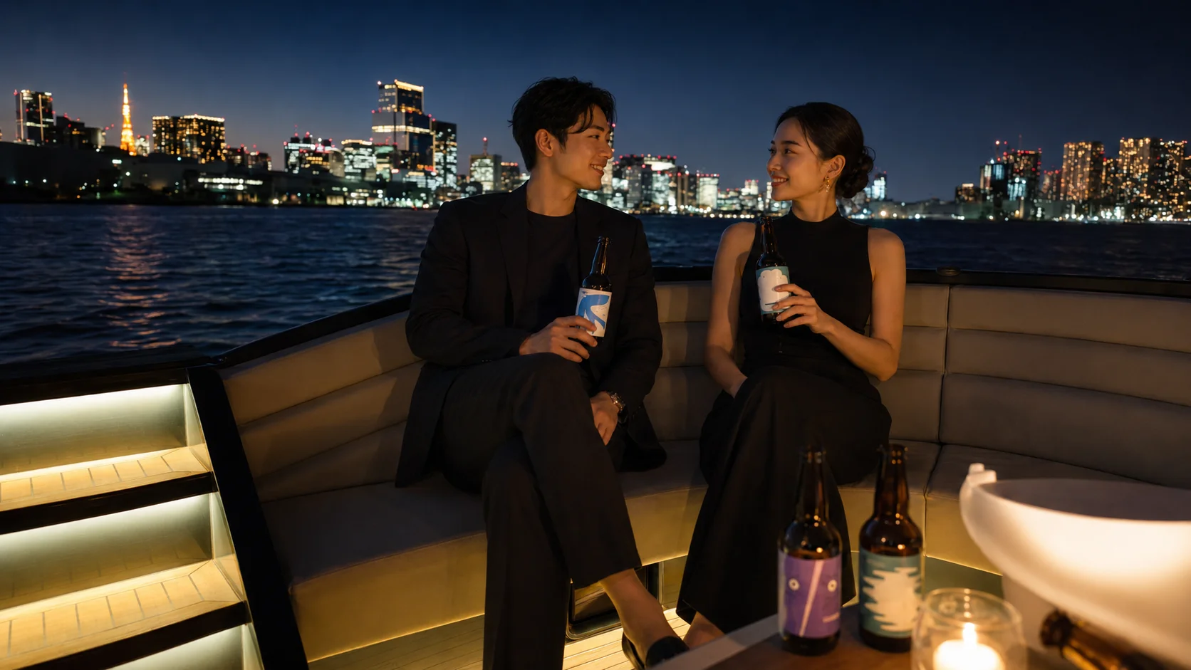 夜景を背に芝浦ビールを手に語らう2人
